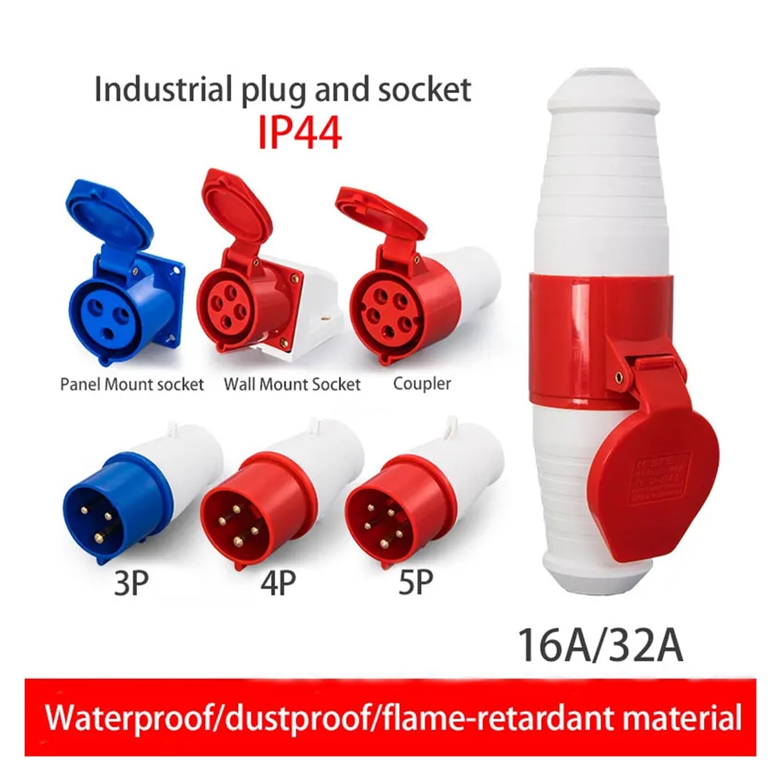 Spina e presa industriale IP44 16A/32A, connettore impermeabile a 3 pin, 4 5, collegamento elettrico, parete (Wall Mounted Plug, 32A-4P)