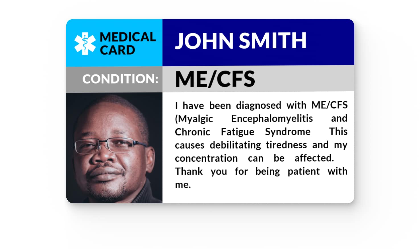 ME/CFS Photo Medical ID Alert Card, Myalgic Encephalomyelitis and Chronic Fatigue Syndrome
