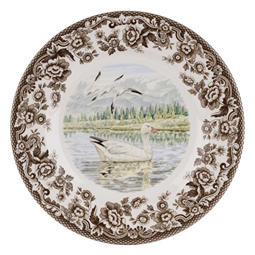 Spode Woodland Snow Goose Salad Plate - 8 Inch Fine Porcelain with British Flowers Border, Microwave, Freezer, Oven & Dishwasher Safe - Rustic American Wildlife Tableware, Made in England