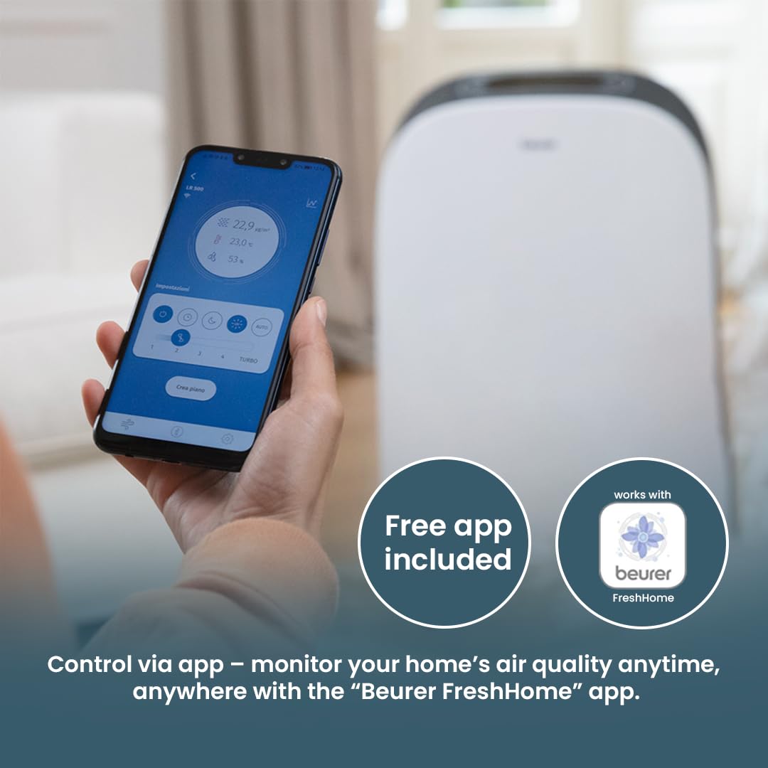 Beurer LR 500 Air Purifier with HEPA Filter H13, App Control via WiFi, Filters Various Bacteria and Viruses, with Timer and Night Mode, for Rooms up to 106 m² 4