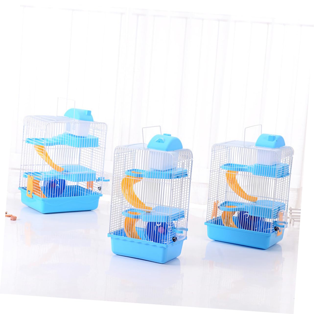 Gabbia per Criceti a Tre Livelli, Casa per Piccoli Animali Blu | Pp e Ferro, Design a Scivolo Multistrato, Accessori Inclusi Ruota e Beverino Anti-perdita