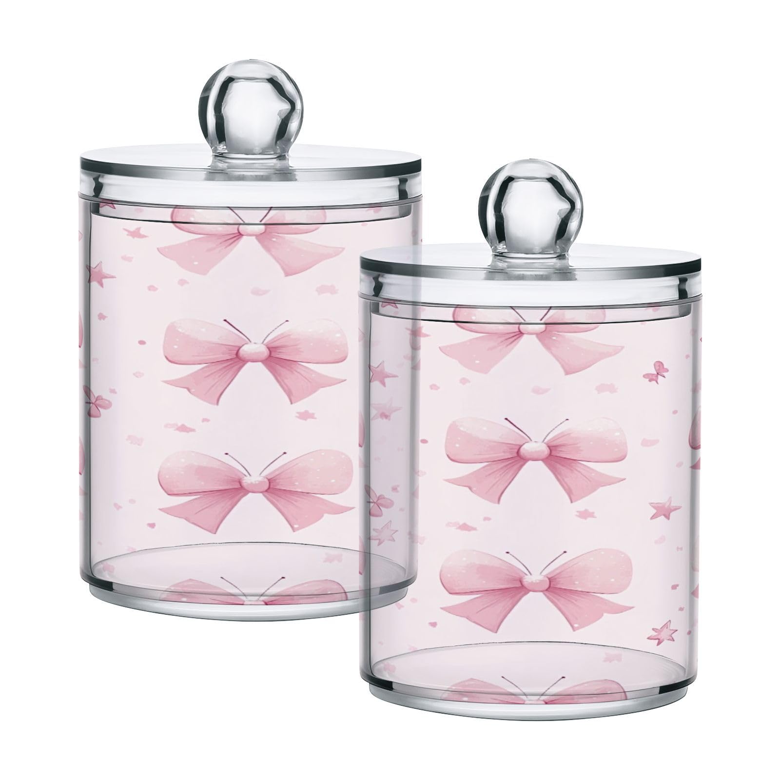 Ewusp Pink Bow Qtip Holder 2 PCS Clear Plastic Apothecary Jars with Lid Cotton Pad Holder Dispenser Cotton Bud Holder Bathroom Storage Container Makeup Organiser