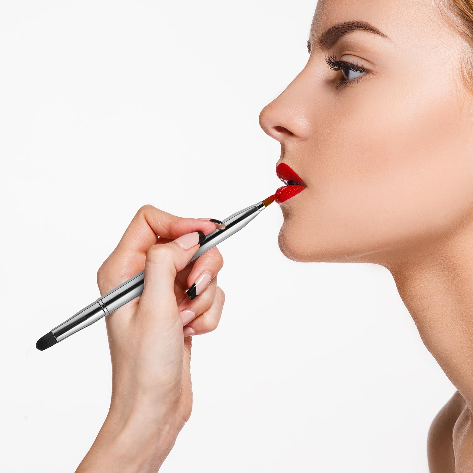 Pinceau de maquillage rétractable portable à double extrémité pour rouge à lèvres brillant pinceaux de maquillage anti-cernes pinceaux contour des lèvres outil de maquillage (argent)