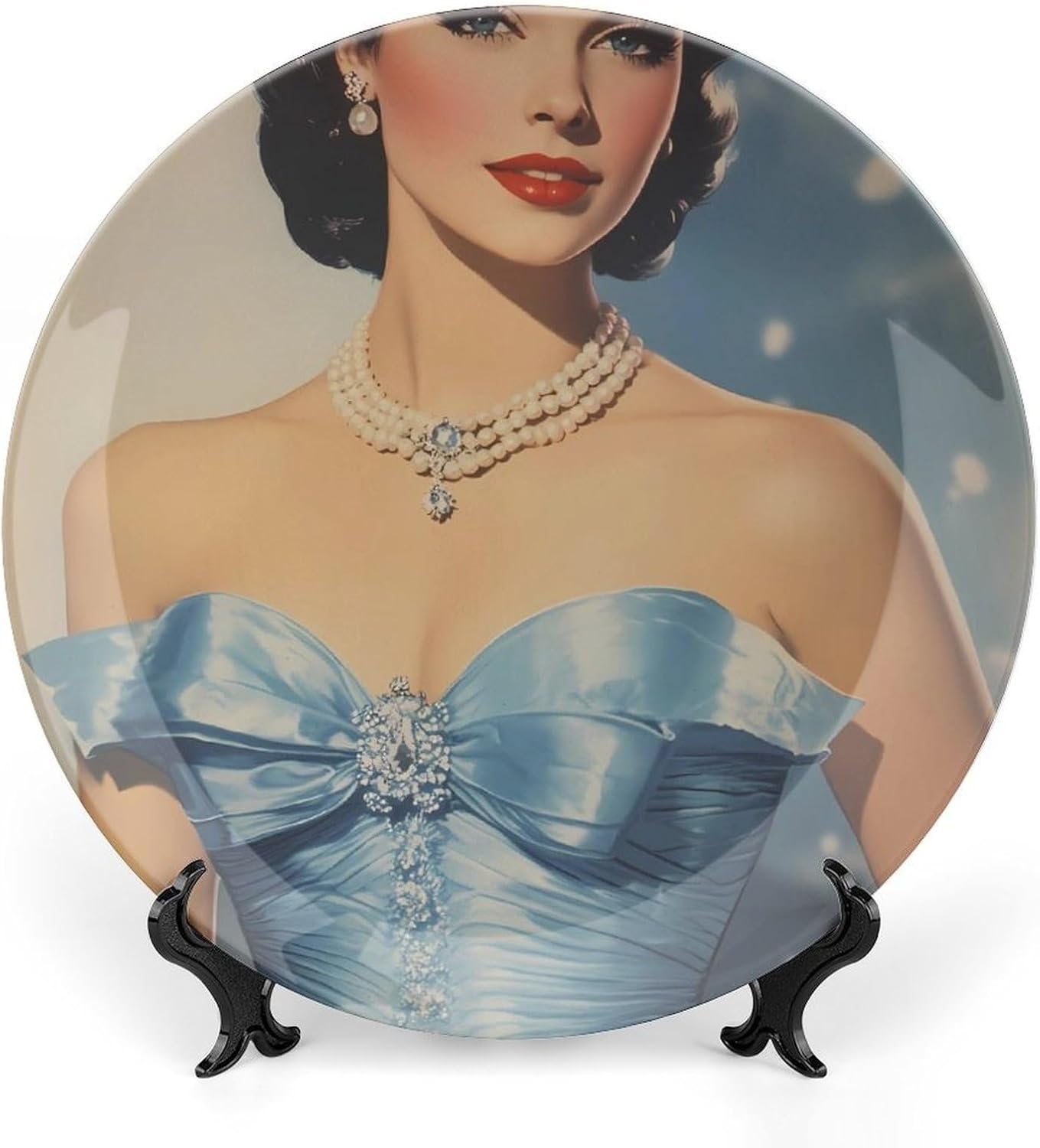 Vintage Women Magazine Blue Dress Decorative Plates for Display Ceramic Plate Tray with Stand Hanger Home Decor