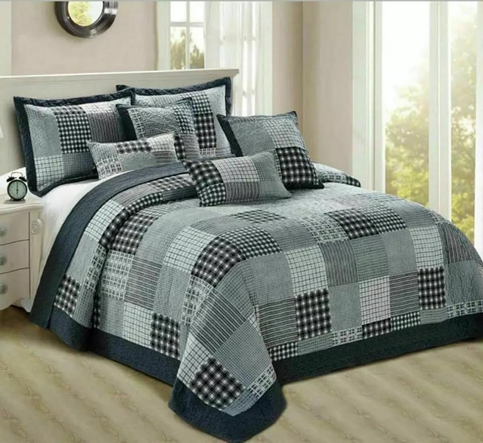 Stylish Home London 100% polyester Patchwork Bedspread, Soft Microfiber Lightweight Quilted Bedspreads All Season Bedding Set (Check Decore, Super King)