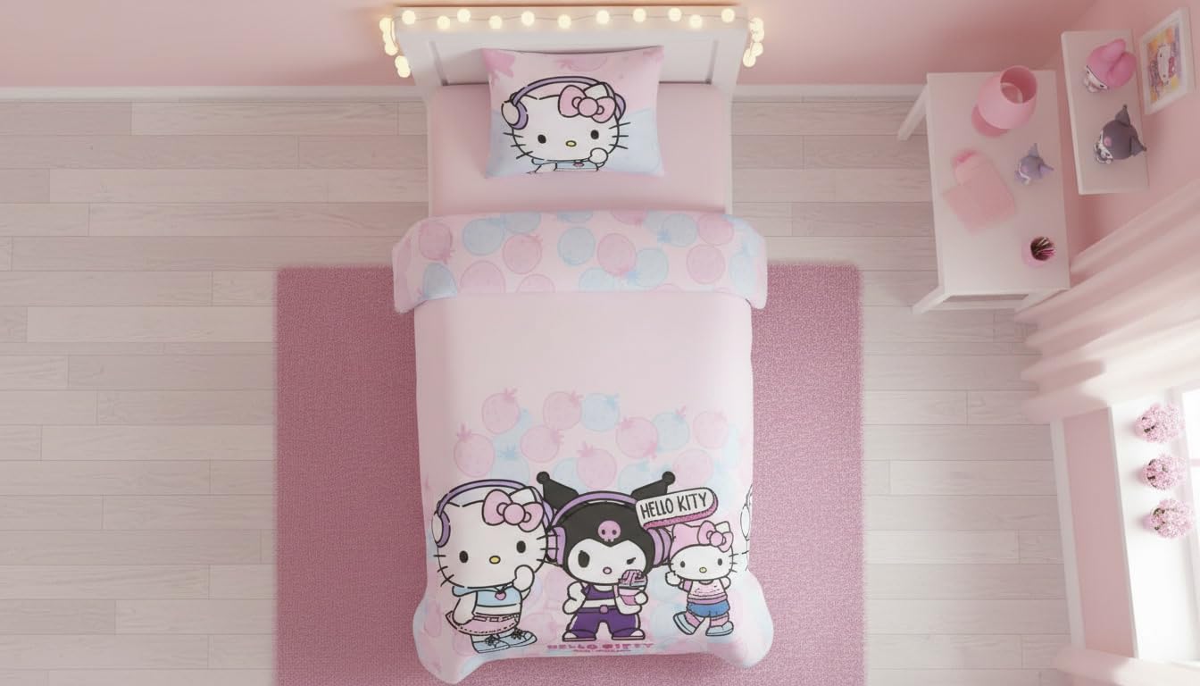 Hello Kitty Kuromi Copripiumino Singolo 140x200 + Federa 65x65 Misto Rosa | Set lenzuola reversibile | Misto cotone asciugatura rapida | Hello Kitty & Friends Sanrio | Bambine | Regalo | Idea regalo