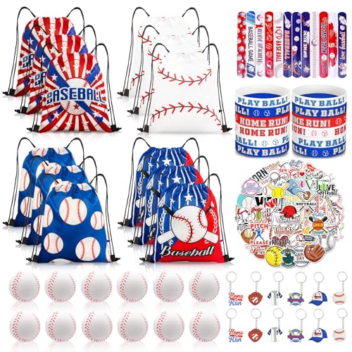 Yeepestmi 110Pcs Baseball Party Favors Drawstring Bags Baseball Goodie Bag with Mini Ball, Wristband, Slap bracelets, Keychains, Stickers for Baseball Party Supplies