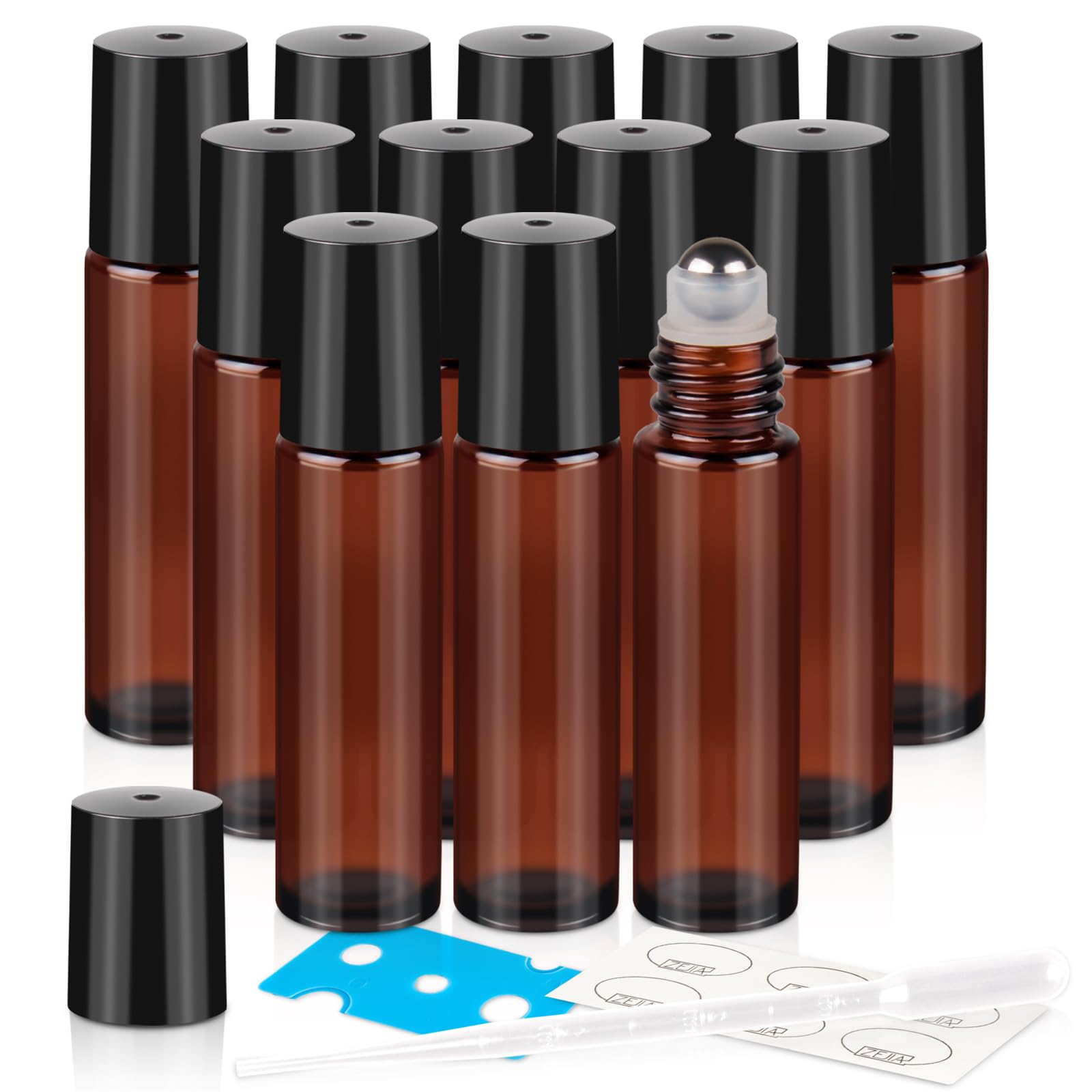 ZEJIA 10ml Roller Bottles for Essential Oils, 12 Pack Glass Roll on Bottles, Refillable Perfume Bottle, with Stainless Steel Roller Balls, 2 Droppers, 1 Opener, Labels(Amber)