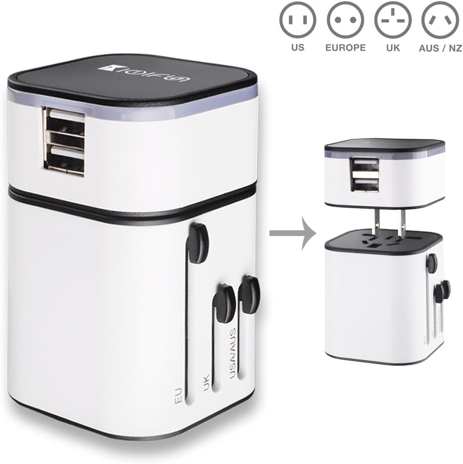 Travel Adapter, Universal Travel Plug with Dual 3.2A USB Ports US to UK EU AU All in One Worldwide Travel Power Adapter Safety Fuse Protection Adaptor International AC Wall Charger (White Color)