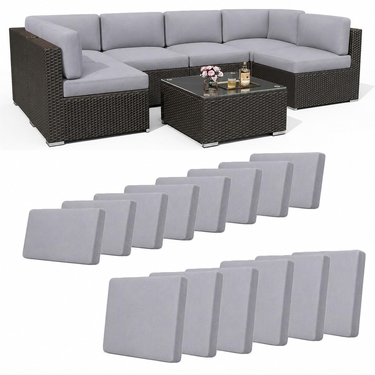 Hiseng Outdoor Patio Cushion Covers 14 PCS Solid Color Stretch Replacement Slipcovers for 8 Backrests and 6 Seat Cushions, Patio Furniture Rattan Corner Sofa Seat Protectors (Light Gray)
