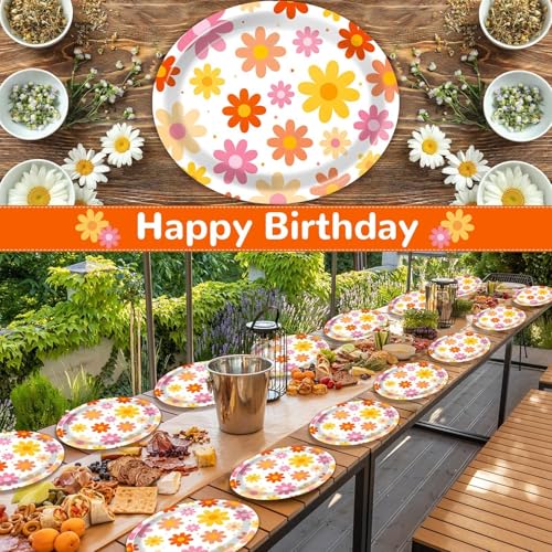 Image of Qyeahkj 50 PCS Summer Groovy Daisy Oval Paper Plates Large 11 inch Disposable Retro Daisy Party Decorations Hippie Boho Flower Supplies Favor for 60s 70s Birthday Baby Shower Wedding Party Tableware Set