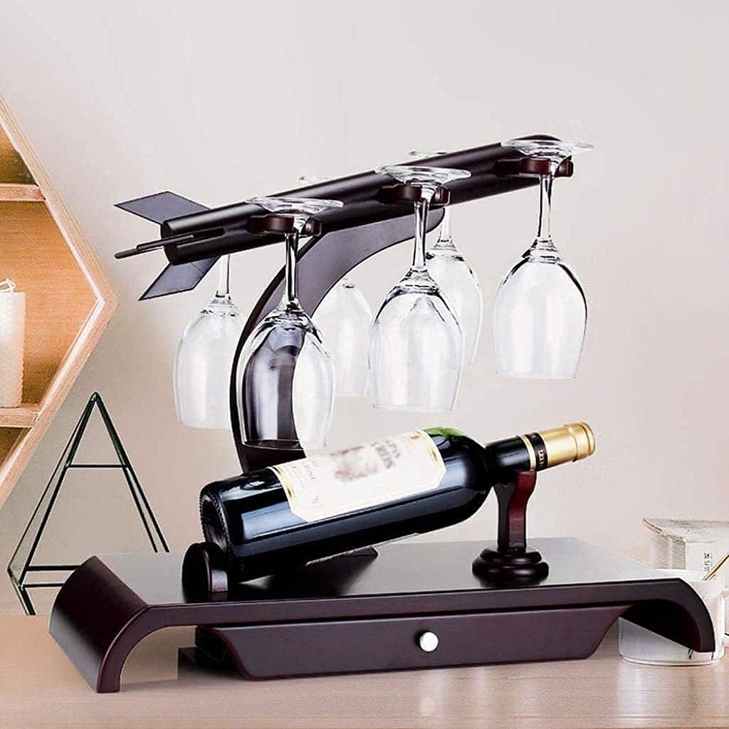 Wine Rack Wooden Wine Rack|Countertop Design|Free Standing Tabletop Stemware Storage Rack|Comfortably Stores 1 Bottles and 6 Wine Glasses|Storage Organizer Rack-47.5X26.5X39.5Cm