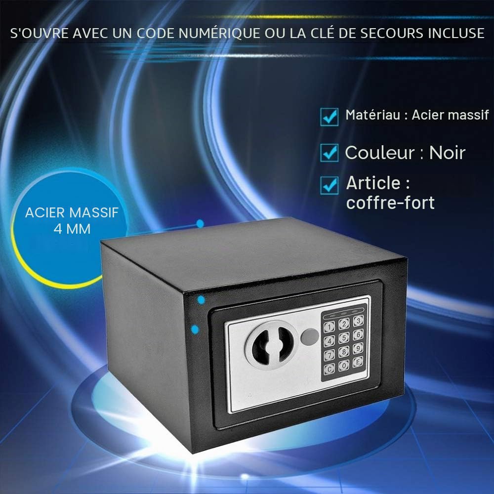Coffre Fort de Sécurité Numérique Électronique, 4,6L Coffre-fort avec 2 clés d'urgence, Deux Boulon de Verrouillage, Coffre Fort Mural Pour Bureau, La maison, Hôtel, 23cm x 17cm x 17cm, Noir