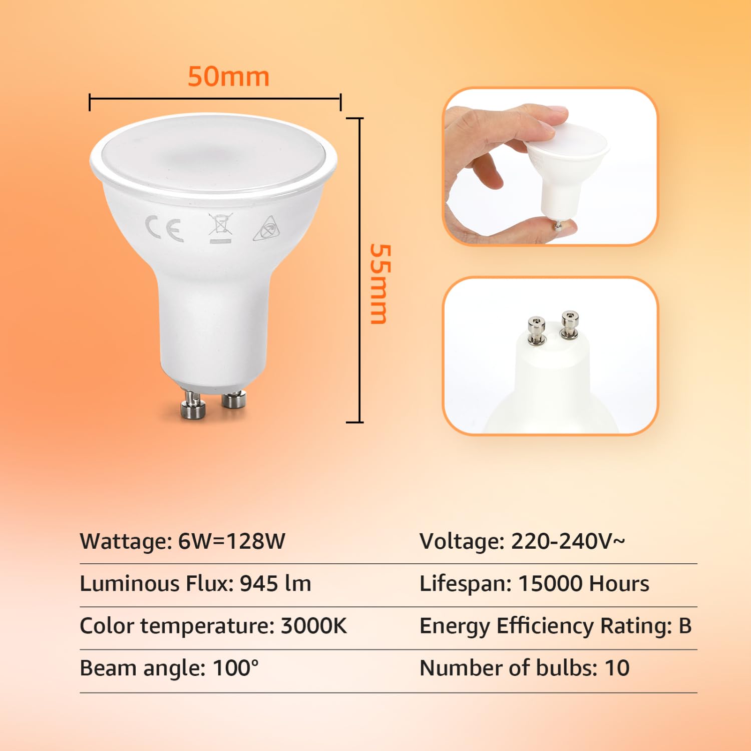 Ampoule LED GU10 6W Équivalent Halogène 128W, 3000K Blanc Chaud, 945 Lumens LED Ampoule Spot Non-Dimmable, Lot de 10
