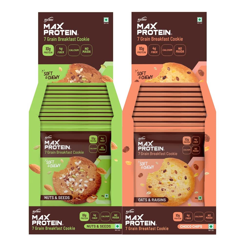 RiteBite Max Protein 7 Grain Breakfast Cookies - Nuts & Seeds 660 g - Pack of 12 ( 55g x 12 ) + Oats & Raisins 660 g - Pack of 12 ( 55g x 12 ) Combo . Protein | Fiber | Calcium | No Maida | GMO Free | No Preservatives