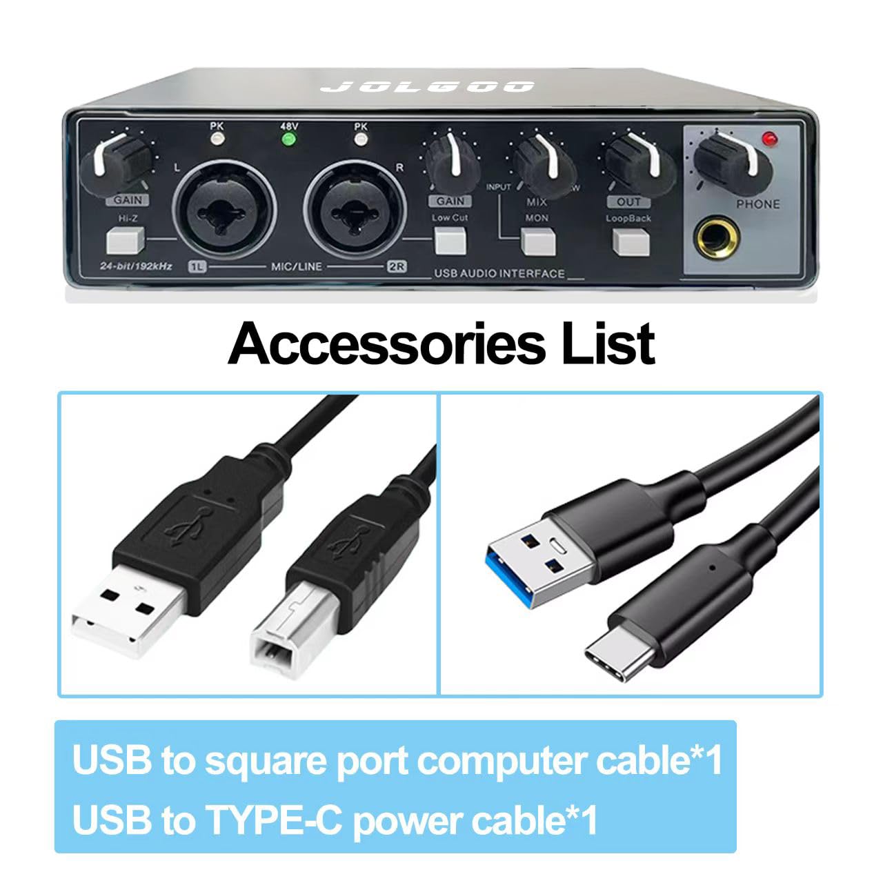Interface audio USB, 24 bits/192 kHz, carte son Plug & Play pour enregistrement, entrée XLR/ligne, sortie casque, faible latence, compatible avec PC, Mac, smartphone