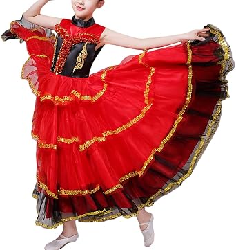 Girls Flamenco Dancer Satin Sleeveless Kids Gypsy Spanish Folklorico Performance Dress