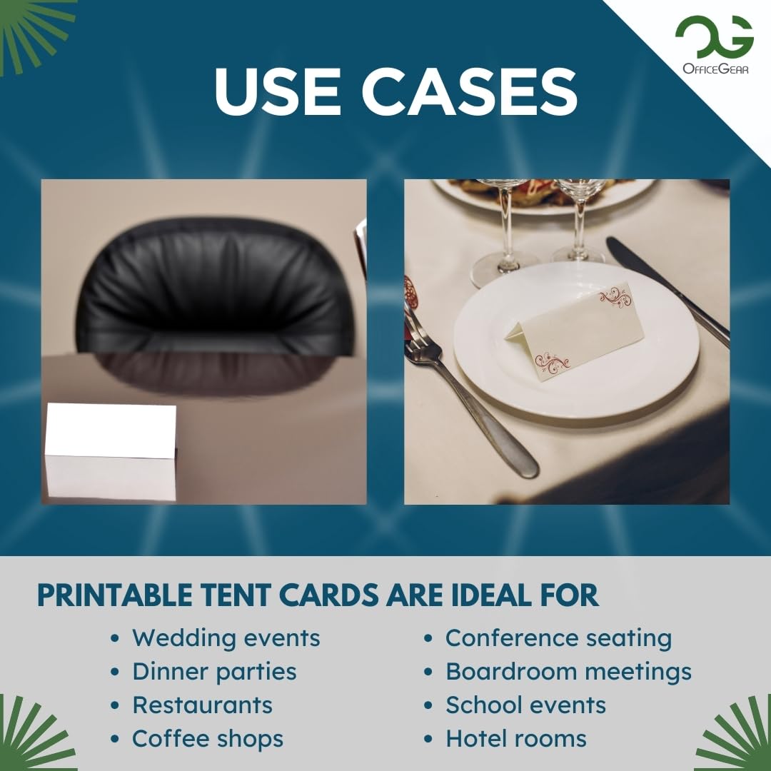 OfficeGear Tarjetas de tienda de campaña de 4 en adelante (25 hojas, 100 tarjetas) de 52 x 148 mm, perforadas, imprimibles, plegables, tarjetas de nombre, 170 g/m², para conferencias, exposiciones,