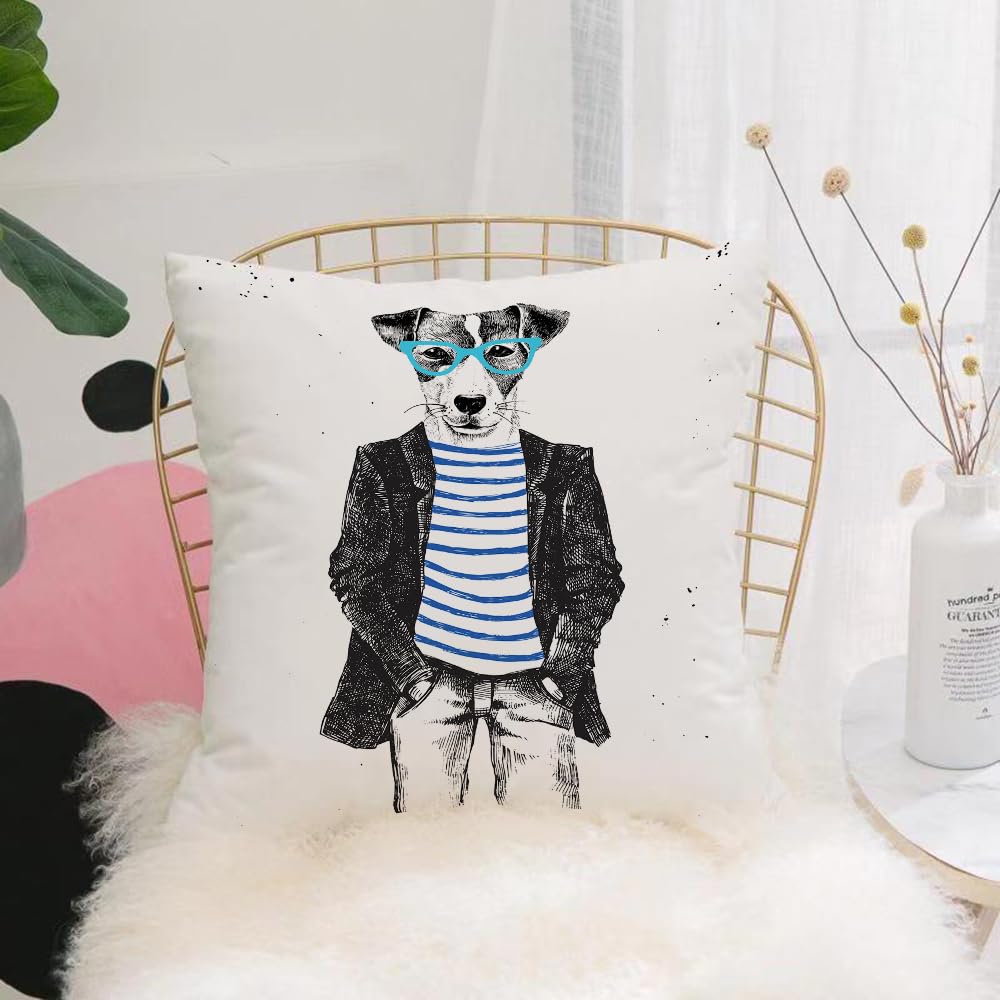 Hyosxw Quirky Decor, Dressed Up Hipster Dog With Ha - A4 Cushion Cover,Throw Pillow Case Home Decorative For Living Room Bedroom Sofa Chair 18X18 Inch,Quirky Decor, Dressed Up Hipster Dog With Hand Drawn Animals So,Pillowcase 45X45cm
