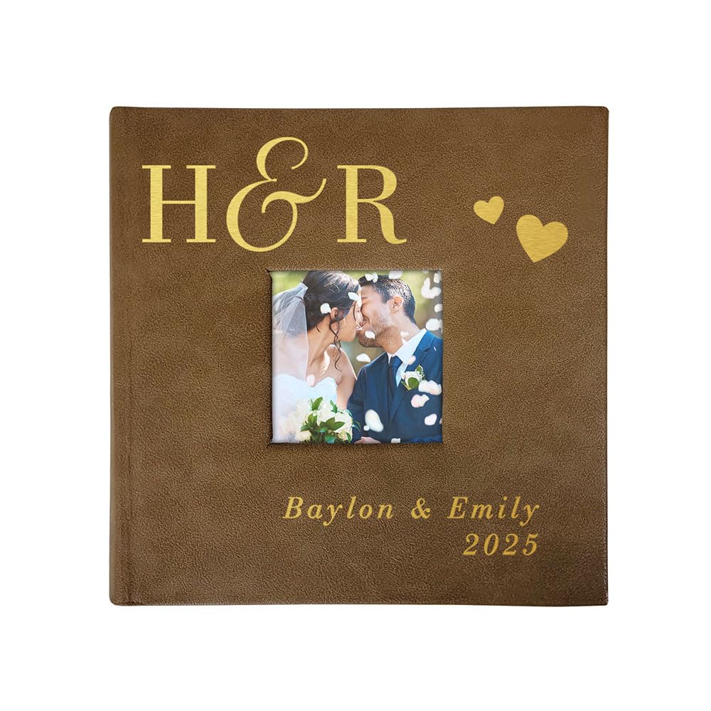 Personalized Wedding Photo Album, Holds 200 4" x 6" Photos, Engraved Couples Initials Leatherette Picture Album, Wedding Engagement Gift, Brown Photo Album