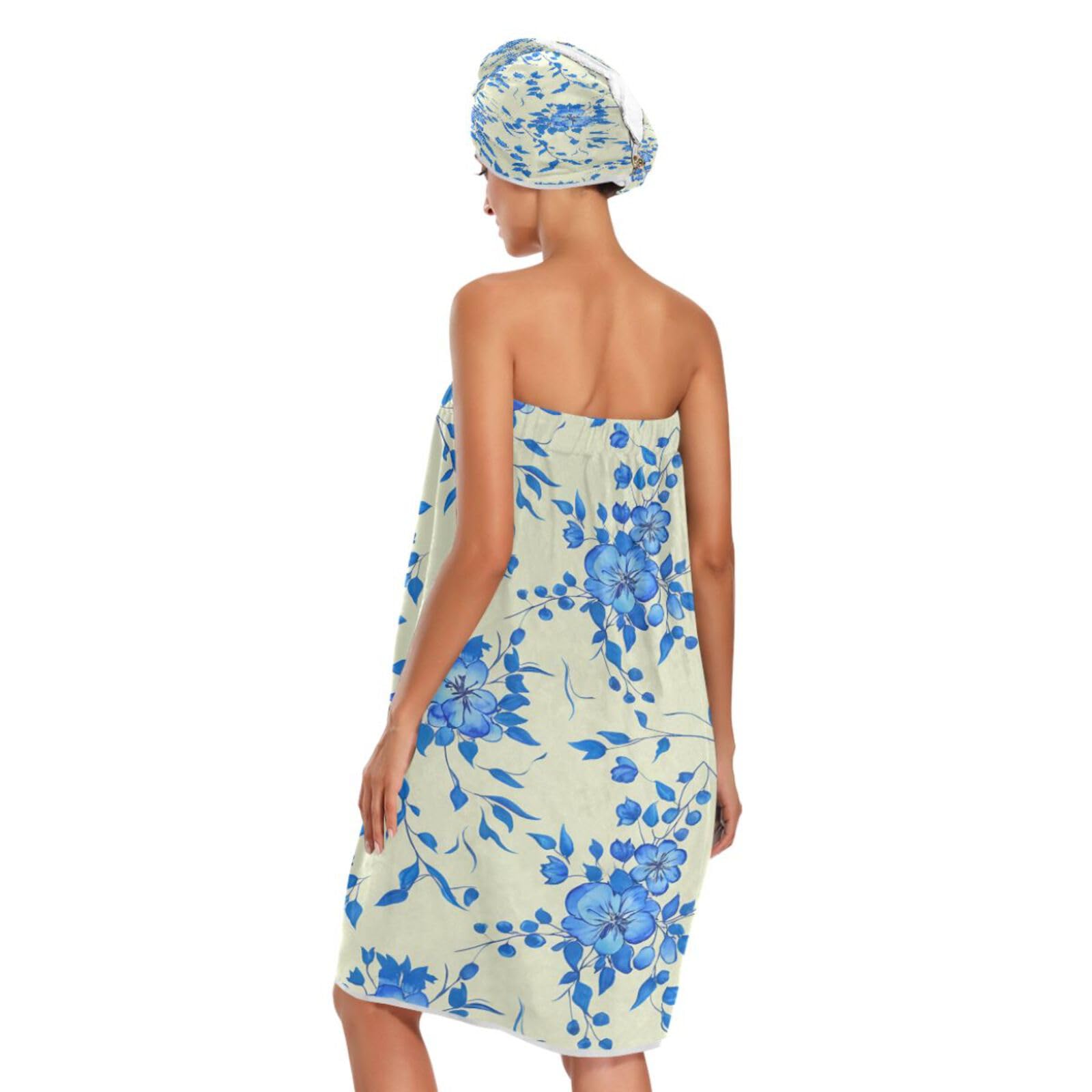 Bulletgxll Blue Floral Women's Shower Wrap Towel Set of 3 Adjustable Spa Body Wrap Super Absorbent Bathrobe with Hair Towel & Headband