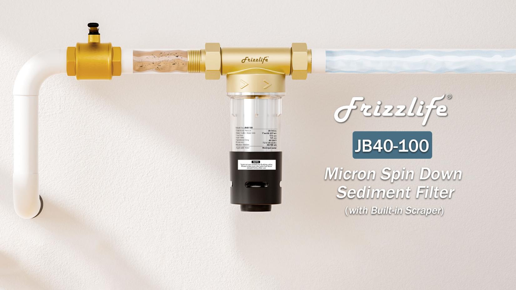 Image of Frizzlife 40 /100 Micron Spin Down Sediment Filter with Built-in Scraper, Reusable Whole House Pre-Filter for City /Well Water, Washing Machine, Flushable Filtration, BPA Free, 1 inch&3 /4 inch NPT