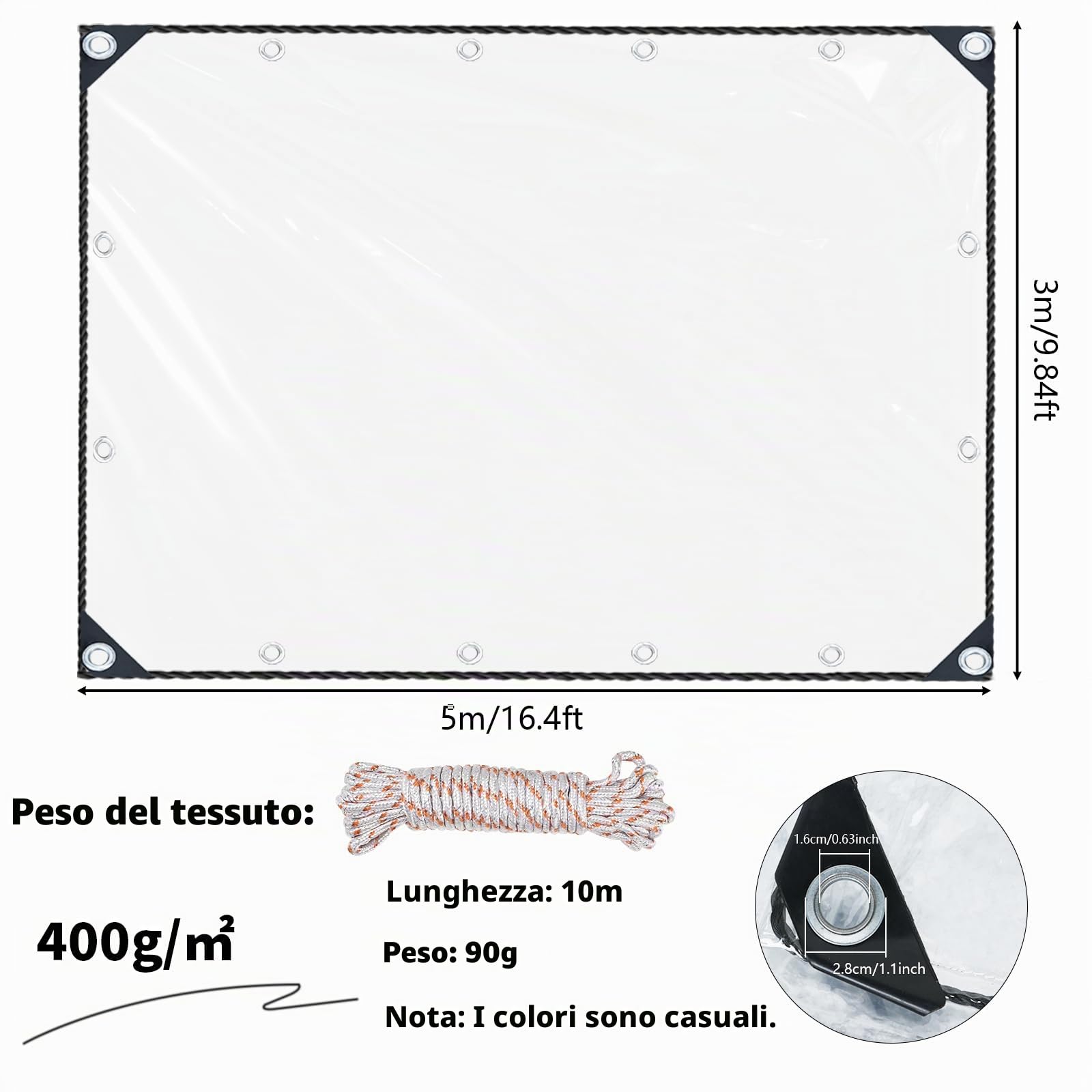 3 x 5 m Telone Trasparente con Occhielli in PVC, 400 g/m², Telone Impermeabile Trasparente, Telon per esterno, con 10m Corda Antivento, per Balcone, Giardino, Serra, Barche, Auto