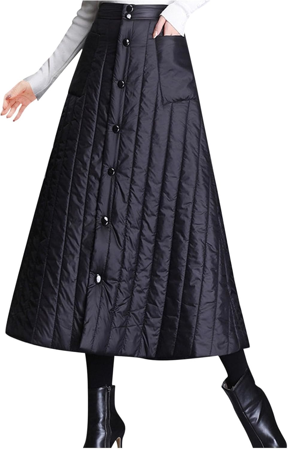 HGps8w Women’s High Waist Quilted Skirt Winter Warm Insulated Thicken A Line Maxi Long Down Skirts with Pockets