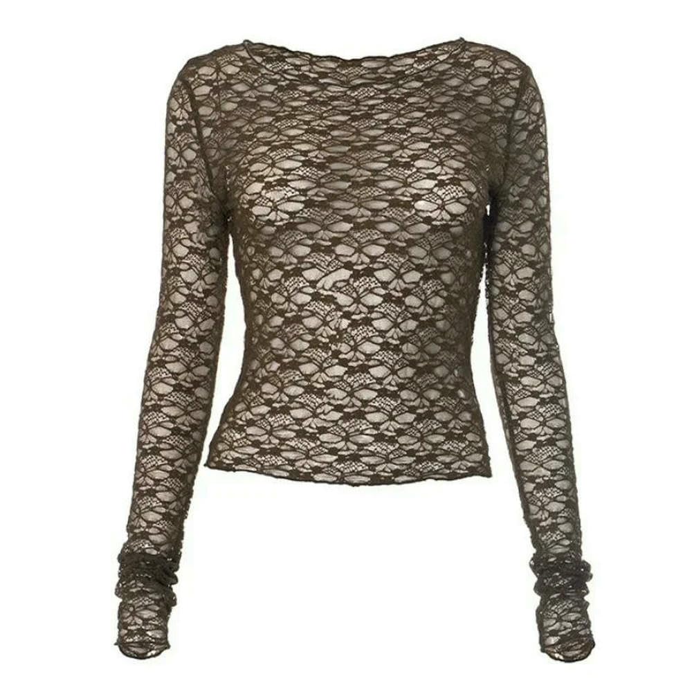 QXDZSW koszulki z długim rękawem dla kobiet estetyczne ubrania okrągły dekolt przezroczysty koronkowy krótki top slim fit koszulki