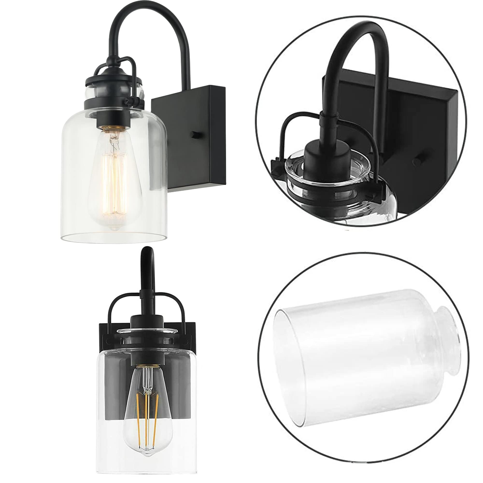 Dimmbar Wandleuchte Innen Mit Schalter, 2er Pack Vintage Glas Wandlampe mit E27 Lampenfassung und Zeitschaltuhr für Wohnzimmer Schlafzimmer TreppenhausFlur-Schwarz(BD2381)
