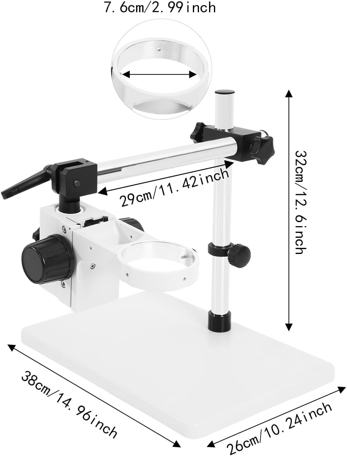 Supporto girevole per microscopio con base robusta e staffa di messa a fuoco, diametro interno di 76 mm, ideale per laboratori e officine.