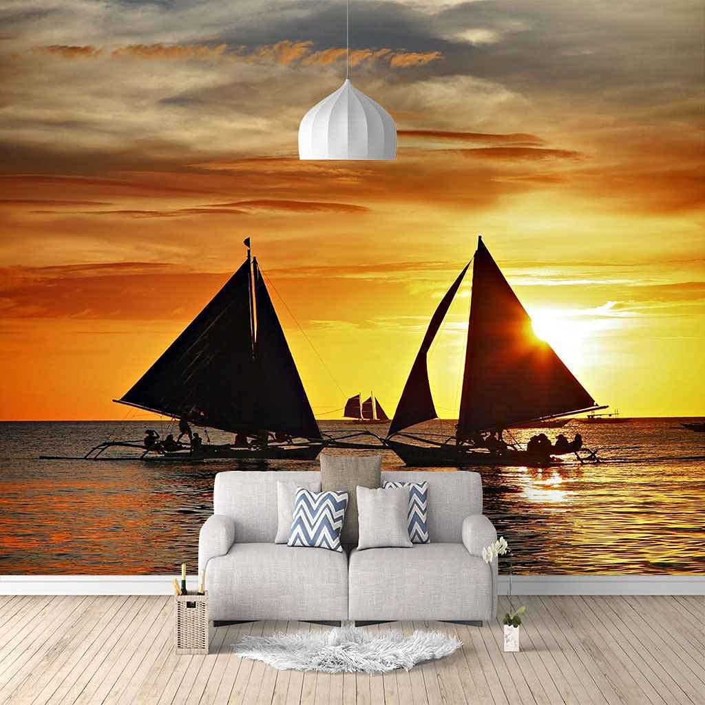 Papier peint panoramique 3D coucher de soleil marin XXL 250x175 cm toile auto-adhésive pour salon
