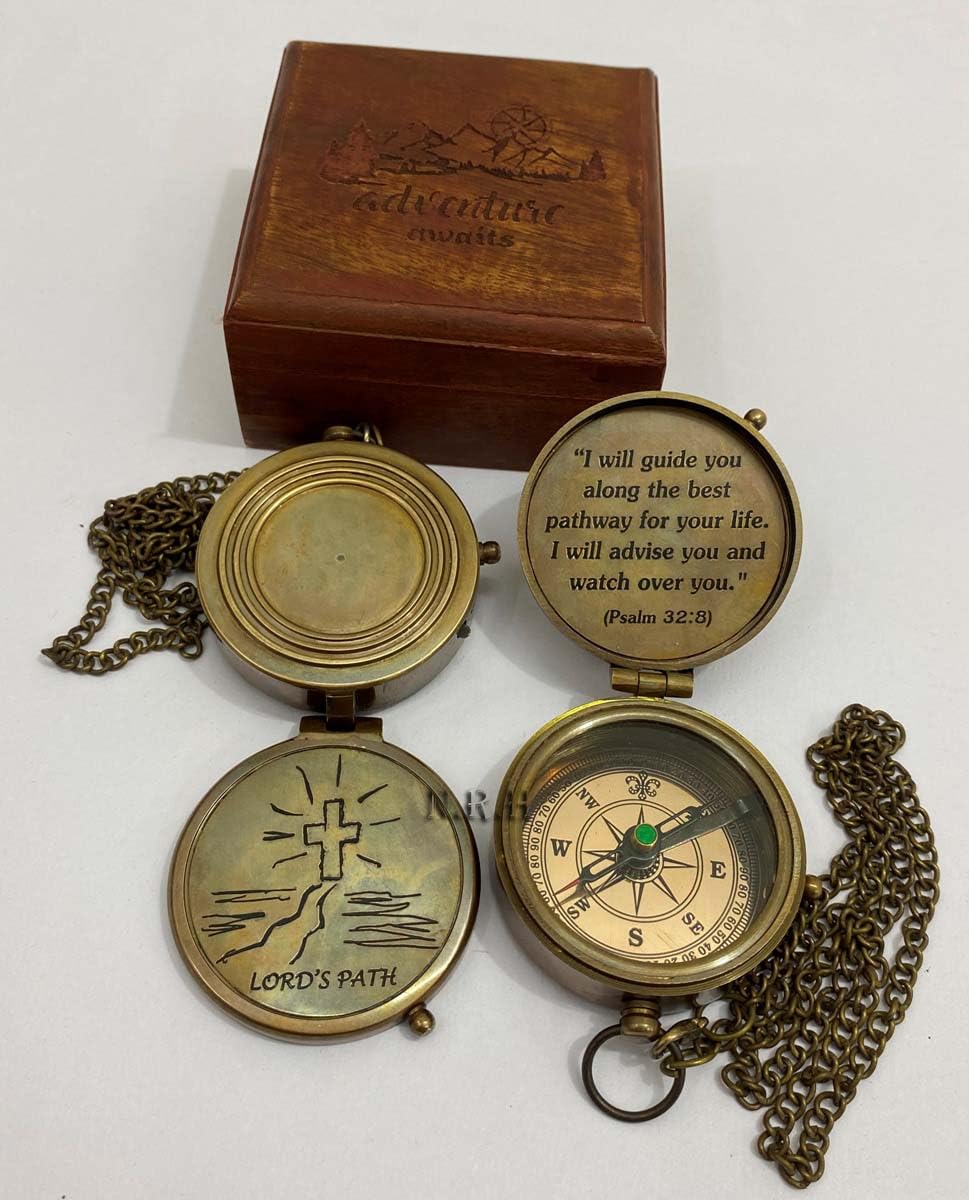 Brújula de Bolsillo grabada de latón, brújula, brújula Marina Vintage, brújula de Trabajo Coleccionable en Cadena con Caja de Madera, Regalo para Marido, Regalo para Ella, Regalo de Boda
