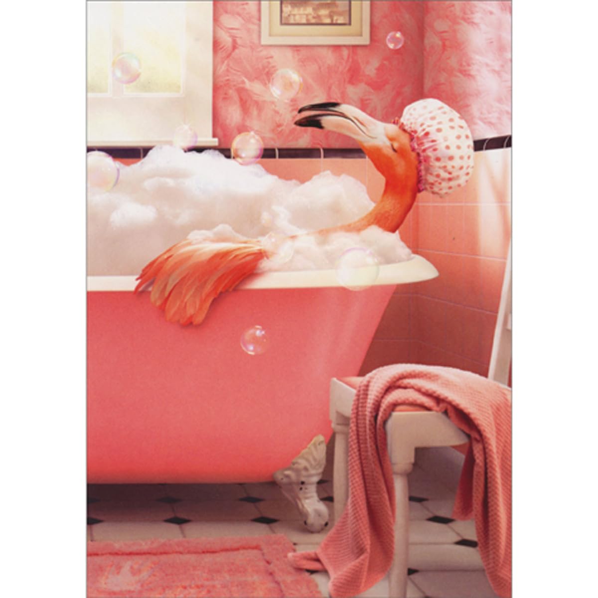 Avanti Press Flamingo with Polka Dot Cap in Bubble Bath Funny Feminine Birthday Card