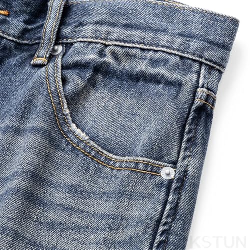 Men Hip Hop Retro Blue Distressed Straight Regular Fit Hollow Holes Frayed Denim Trousers2