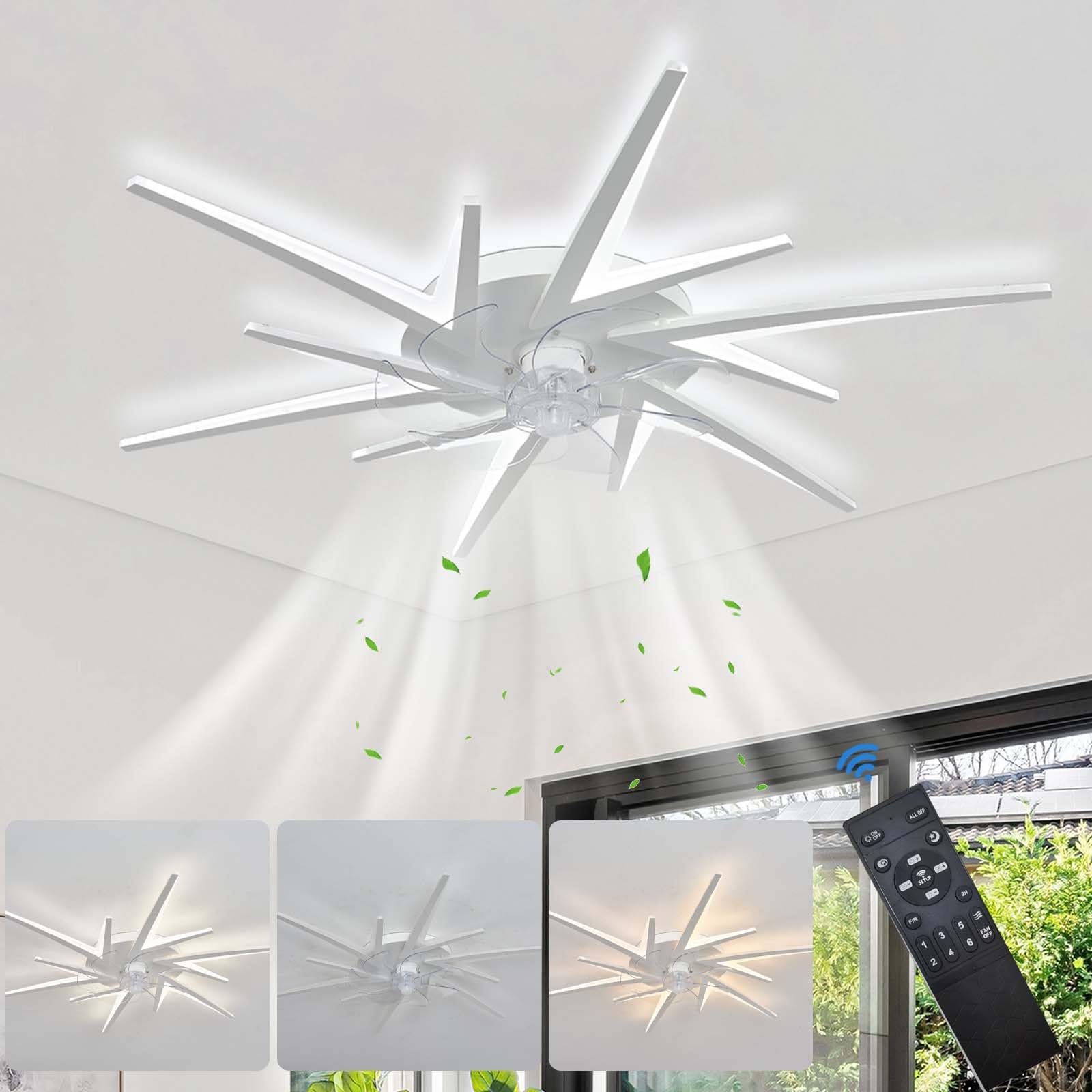 Ventilatore da soffitto moderno bianco da 92 cm con luci LED, controllo tramite app smart e telecomando, luce dimmerabile da 72 W, motore DC silenzioso a 6 velocità, ventilatore reversibile per camer