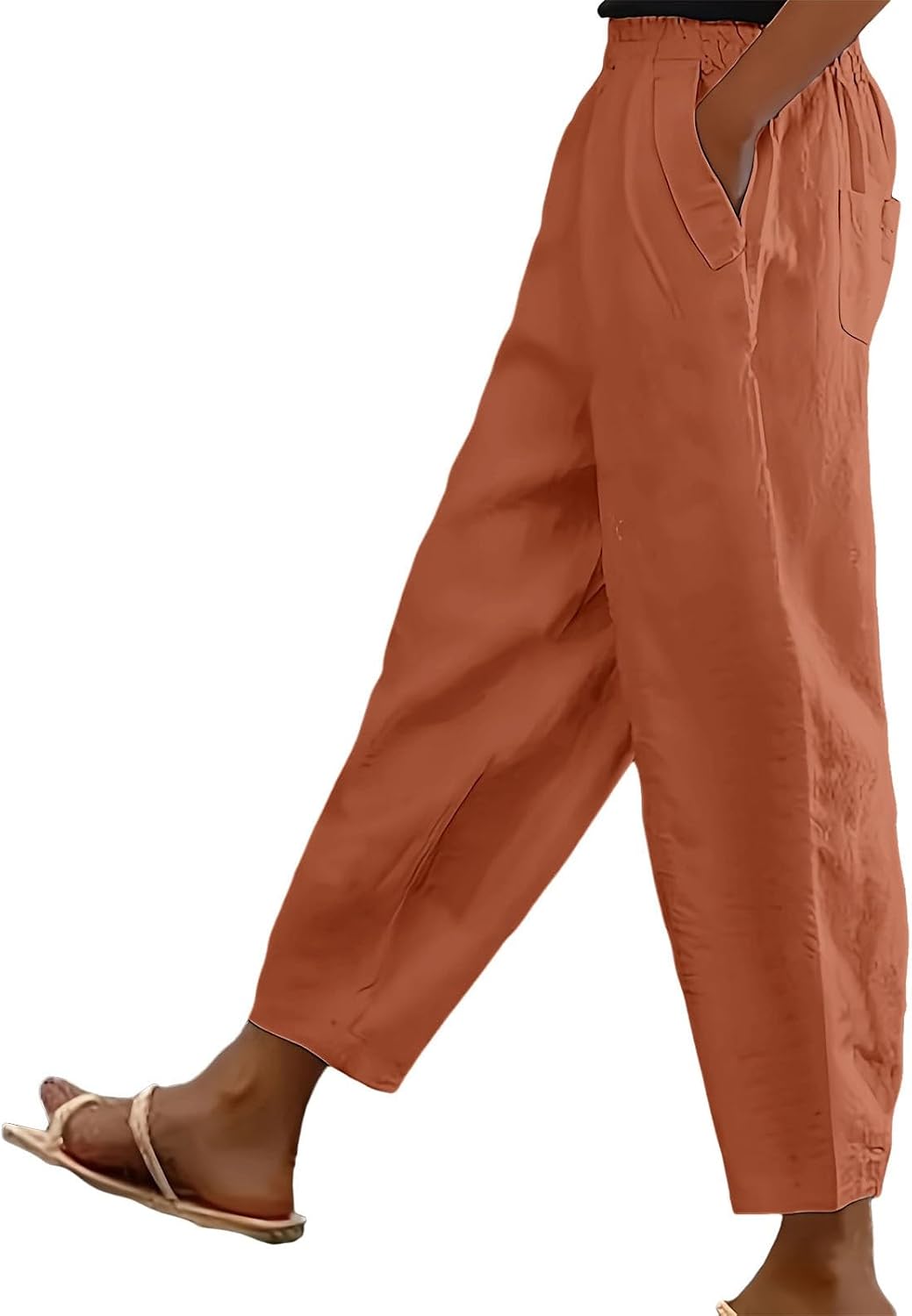 Linen Pants Women Plus Size Casual Solid High Waist Wide Leg Vacation Cropped Trouser Trendy Clothing with Pockets