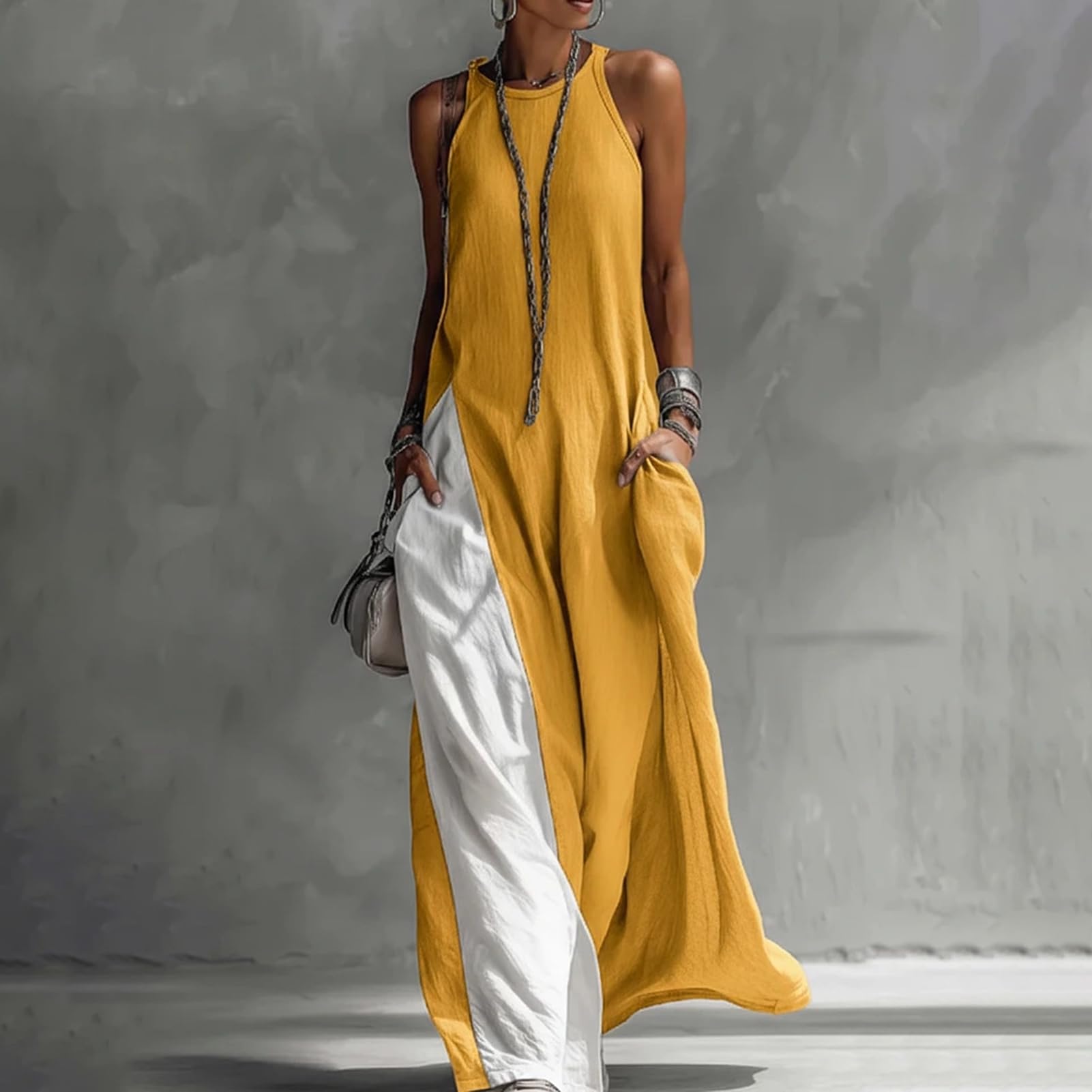 Maxi abito estivo da donna, senza maniche, girocollo, con spacco laterale, con tasche, casual, spiaggia, vacanze, uso quotidiano, leggero, morbido, vestibilità larga, comodo, da donna