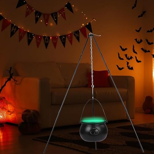 Miniatura 3 de Caldero de brujas de Halloween, caldero de brujas de plástico negro en trípode con luz LED verde, decoración colgante de Halloween Hocus Pocus,