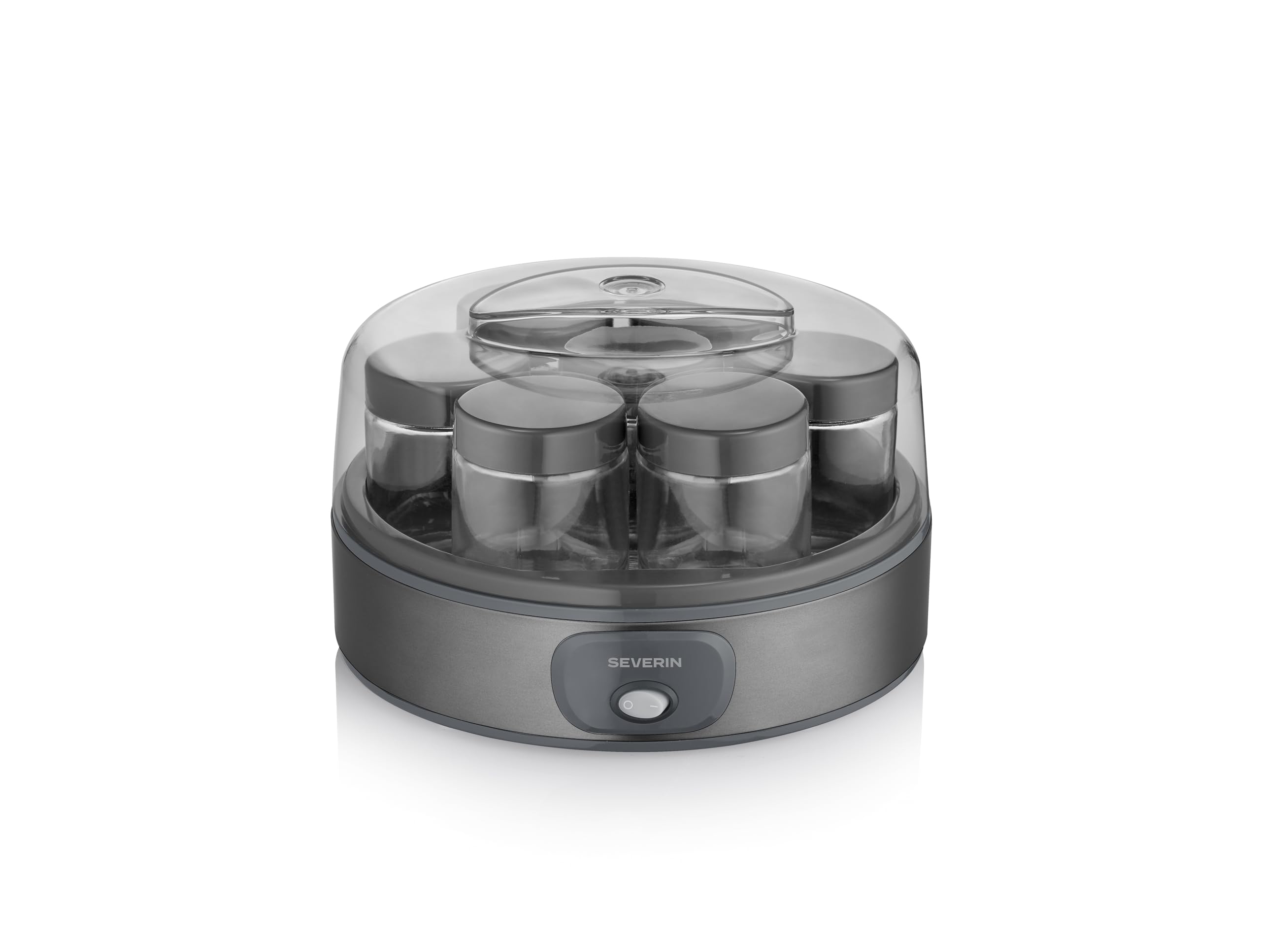 Severin Yogurtera, incluye 7 tarros de yogur de 150 ml para 1 litro de yogur casero, tapa transparente, estilo griego, interruptor basculante, 18 W, acero inoxidable oscuro, JG 3510