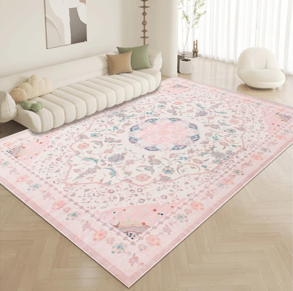Washable Area Rug – Vintage Rugs for Living Room Non-Slip Backing Accent Area Rugs for Bedroom Soft Dining Room Mat, Indoor Carpet for Sunroom Playroom Dorm Classroom Home Office (Pink, 6’x9′)