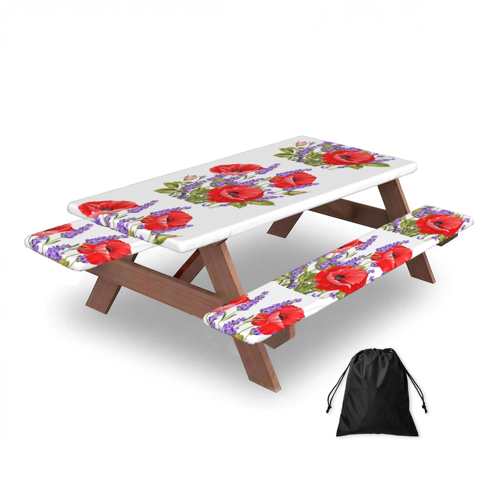 Dopklna As Picture Bunch Of Lavender And Poppy, Picnic Table Cover With Bench Covers -Waterproof Elastic Fitted Tablecloth For Garden Camping Patio 76X152cm
