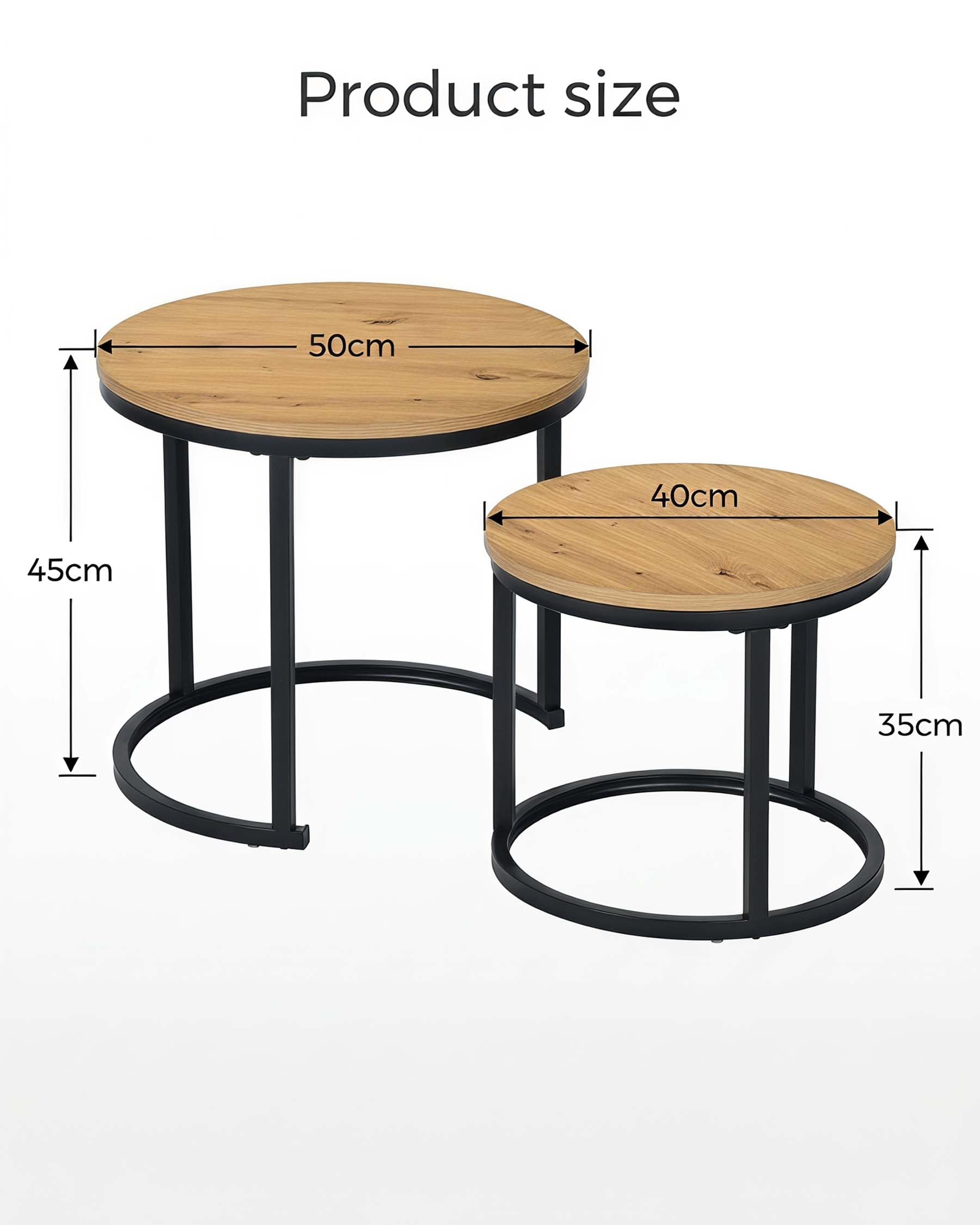 Set 2 Mesas Auxiliares Redondas Mesa de Centro Madera 50/40cm | Mesa de Centro Nido Redonda Efecto Madera, Mesa Auxiliar para Salón y Dormitorio, Robusta y Fácil de Montar