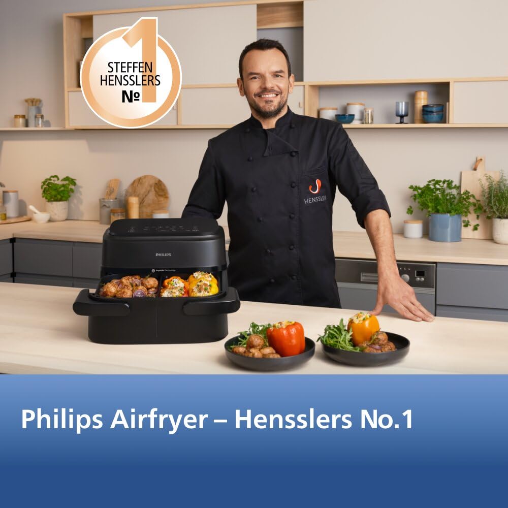 Philips Airfryer 1000 Serie Heißluftfritteuse, Schwarz, 7,1 L | Flexibler Korb, RapidAir Technologie, Touchscreen, 10 Kochfunktionen, HomeID App (NA154/00)