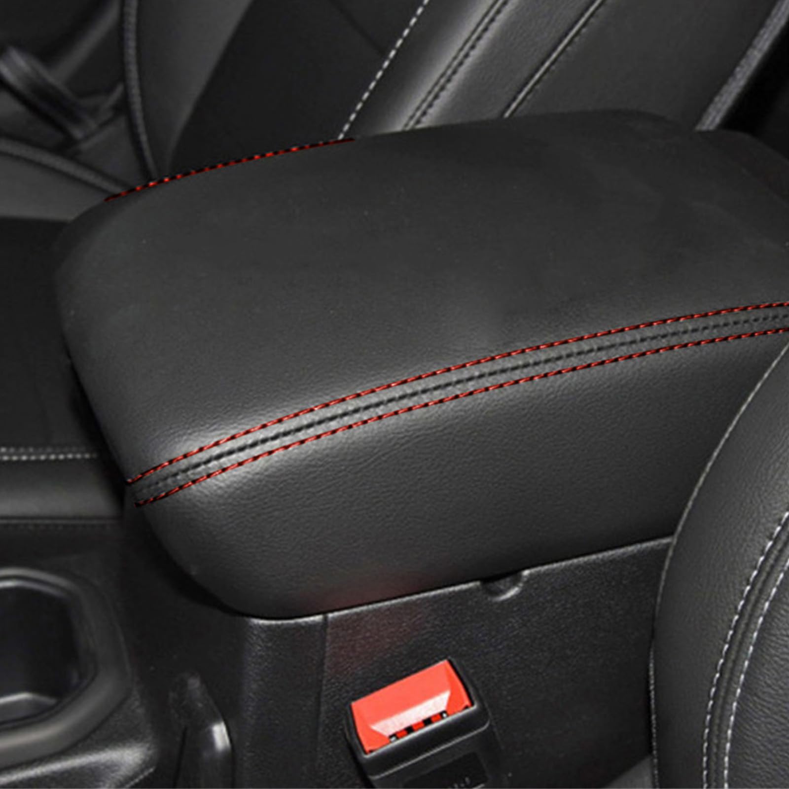 GLK Center Console Armrest Cover for Jeep Wrangler JK 2011-2017, Waterproof Car Armrest Seat Box Cover, Car Interior Accessories, PU Leather Cushion Protector Pad, only for JK 2011-2017-red Stitch