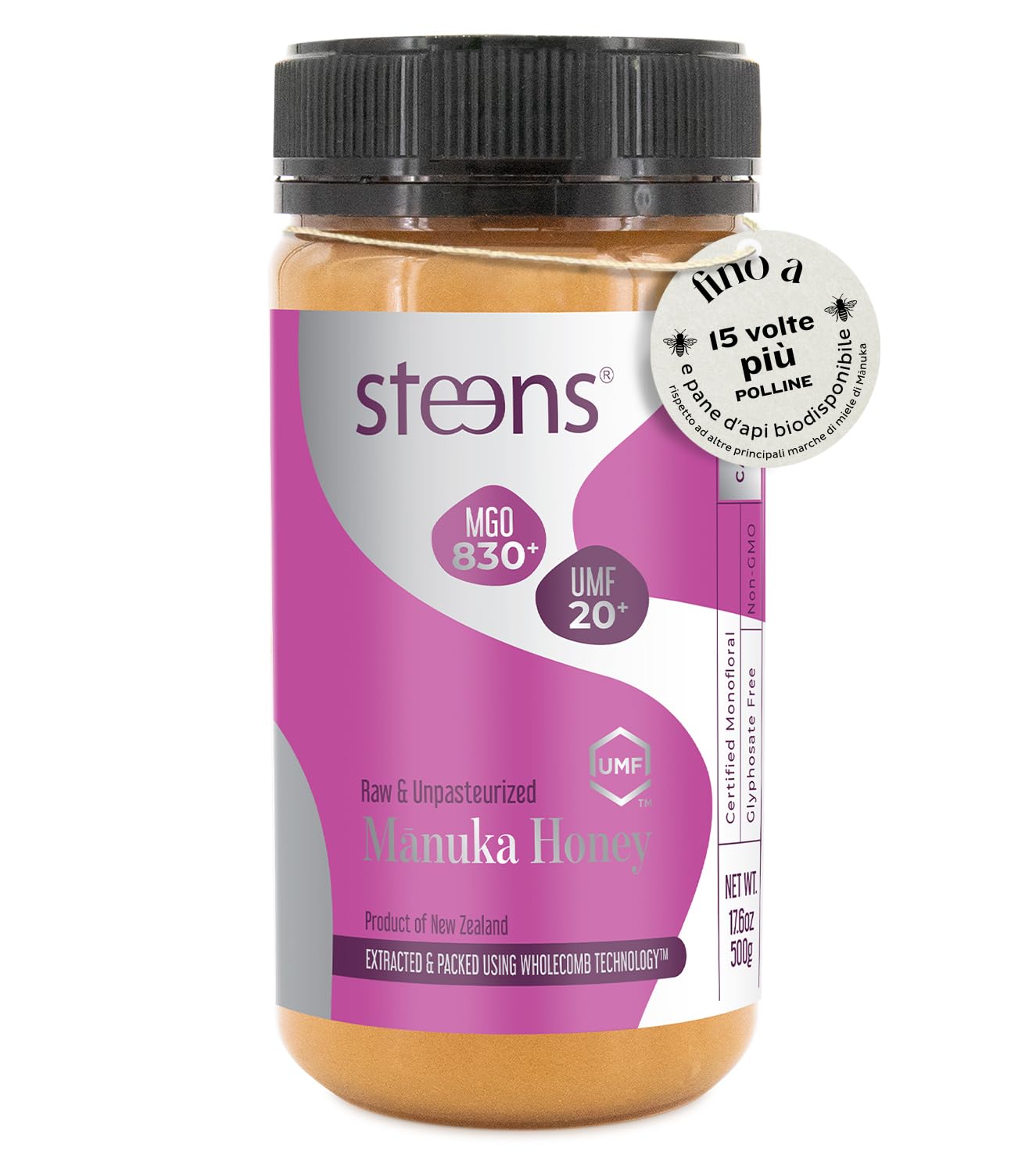Steens Miele di Manuka - MGO 830+ - Puro Miele Manuka grezzo 100% certificato UMF 20+ - Invasettato e sigillato in Nuova Zelanda - Manuka Honey - 500 g