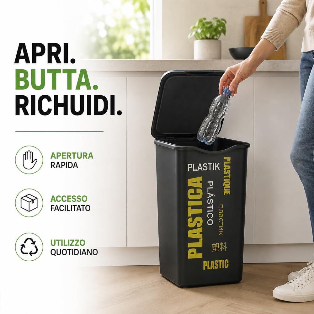 BAKAJI Set 4 Pattumiere per Raccolta Differenziata, Bidoni Spazzatura da 50 Litri con Coperchio e Design Moderno a Scritte Colorato, Contenitori Immondizia da Esterno e Interno, 37.5 x 36 x 53.5 cm