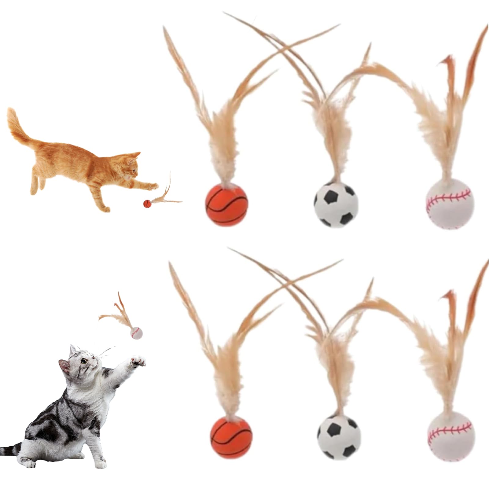 Wanheart 6 Cat Bouncy Balls with Feathers, Rubber Cat Toys Bouncy Balls, Fun Teething Toys, Indoor/Outdoor Interaction