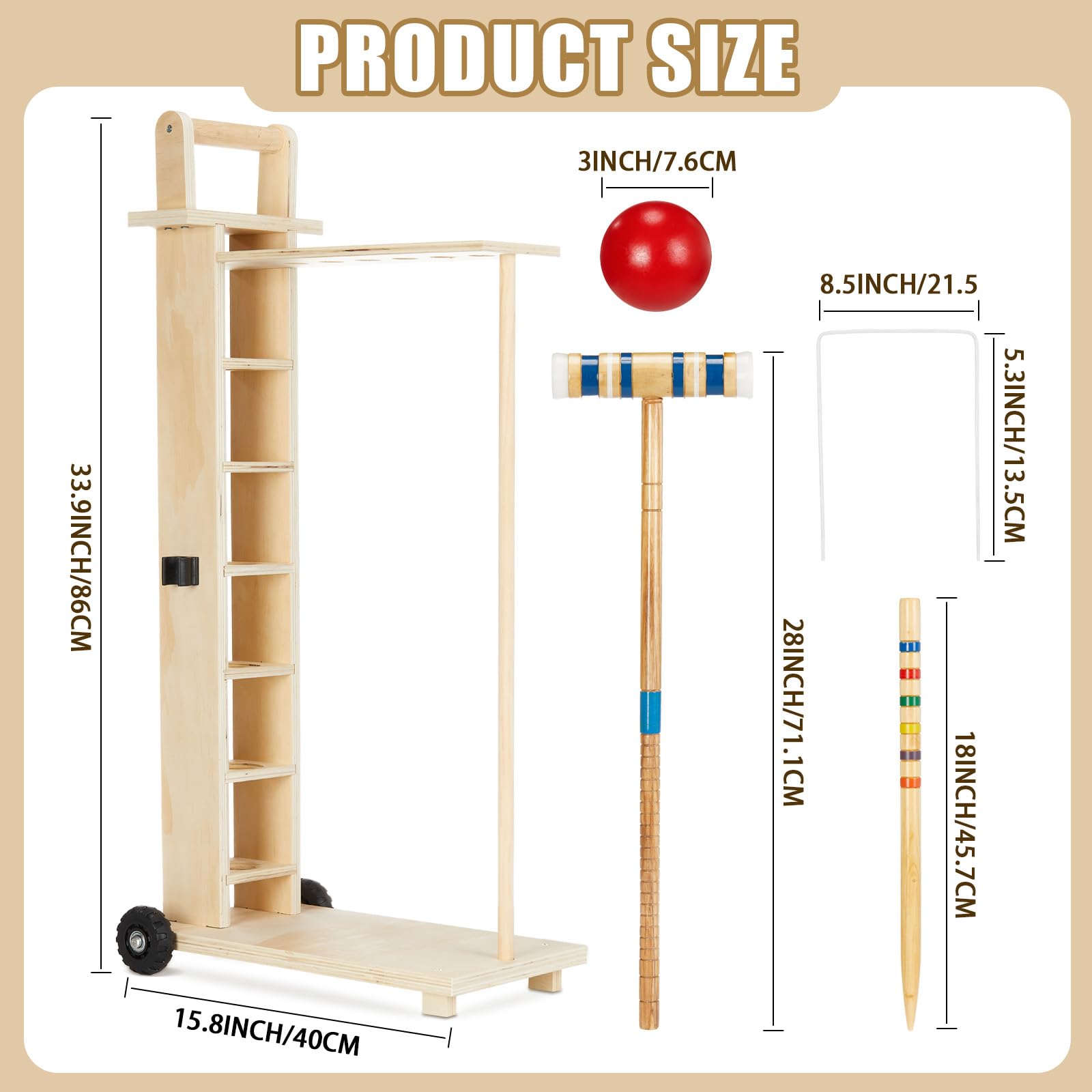 Hiboom Krocket-Set für 6 Spieler, 71,1 cm, für Erwachsene, mit Holzständer, Holz