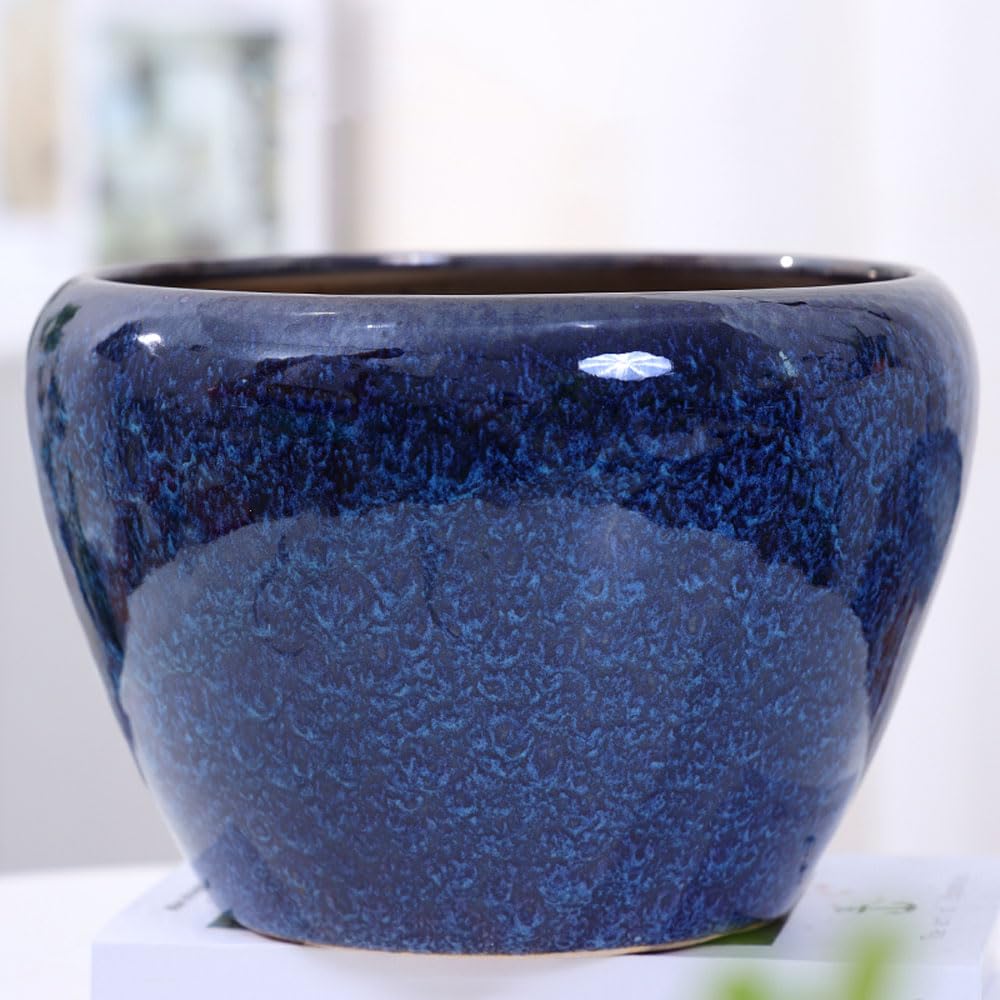 DFGHNBVC Ceramic Modern Glaze Succulent Planter Pot With Drainage Hole And Saucer 9 Inch Round Flower Plant Pot For Indoor Outdoor Herb Snake Plants,Dark Blue